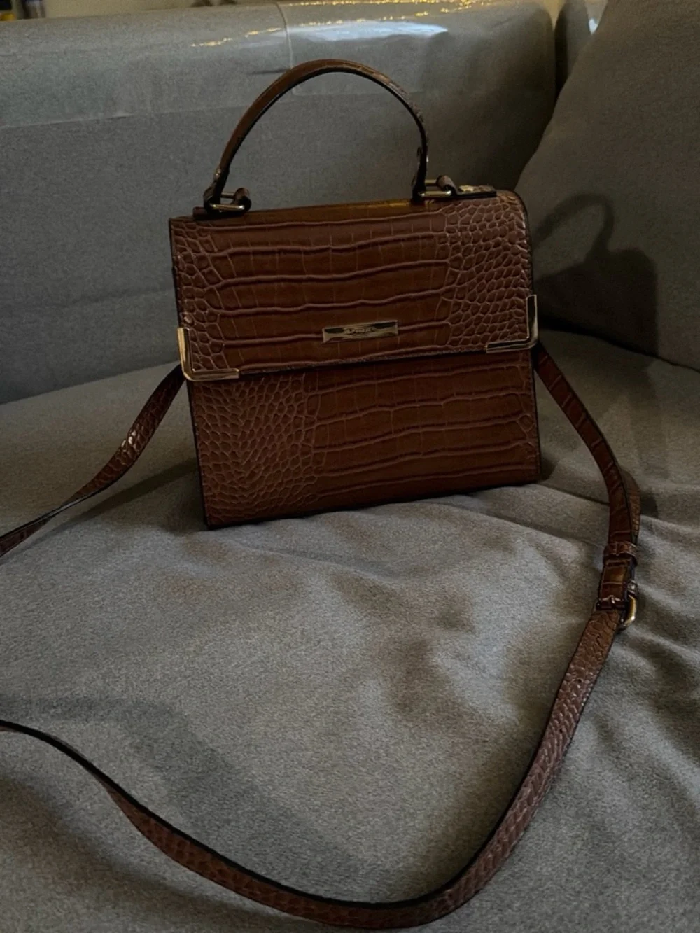 Croc-Embossed Brown Top-Handle Satchel with Detachable Strap